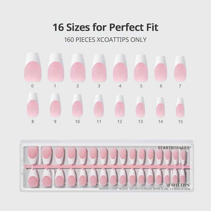 BTArtboxnails XCOATTIPS White French Tip Press On Nails, Long Coffin, Pink | Lamp-Curable, 4-Week Wear, Salon Quality Value at Home, Natural Nail Look, Easy-to-Apply for Beginners, 160Ct Nail Tips Only