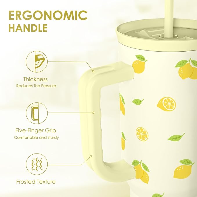SANDJEST Lemon 40oz Tumbler with Handle and Straw, Insulated Stainless Steel Travel Coffee Mug for Women Girls, Gift Idea for Birthday Christmas Mothers Day Summer Vacation