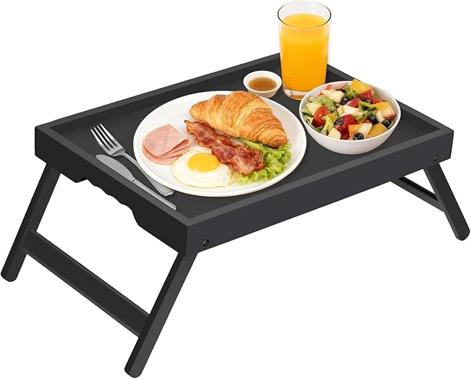 Artmeer FSC 100% Bamboo Bed Tray with Folding Legs, Large, Black | Large FSC 100% bamboo bed tray with folding legs, handles and raised edges for meals, laptops, reading and serving.