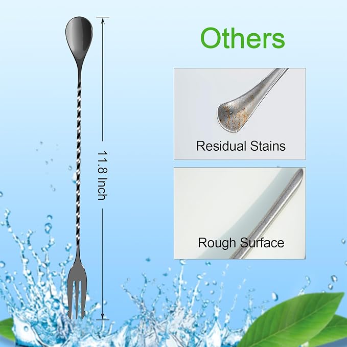 Bar Spoon Cocktail Mixing Stirrers,2Pcs,12” with Trident Fork, Black | 18/8 Stainless Steel, Double Ended Design, Long Drink Spoons, Trident Fork, for Stirring Coffee & Cocktails