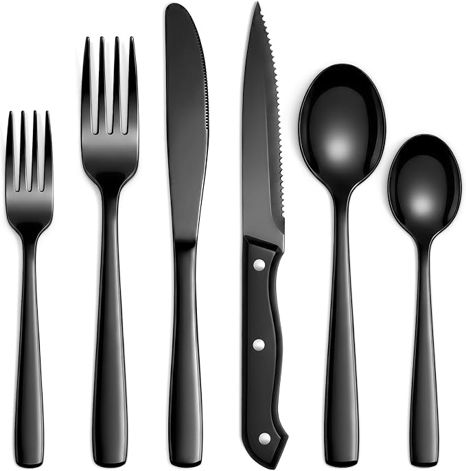 Hiware 48-Piece Black Silverware Set for 8, 18/10 Stainless Steel Flatware Cutlery Set with Forks, Knives, Spoons, Steak Knives, Durable and Elegant Design Utensils Tableware - Dishwasher Safe