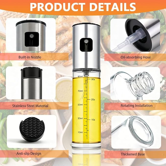 2 Pack Olive Oil Sprayer for Cooking (100ml x 2), Glass Olive Oil Spray Bottle with Scale, Stainless Steel Top Oil Mister for Air Fryer, Salad, BBQ, Frying, Baking -Kitchen Oil Sprayer