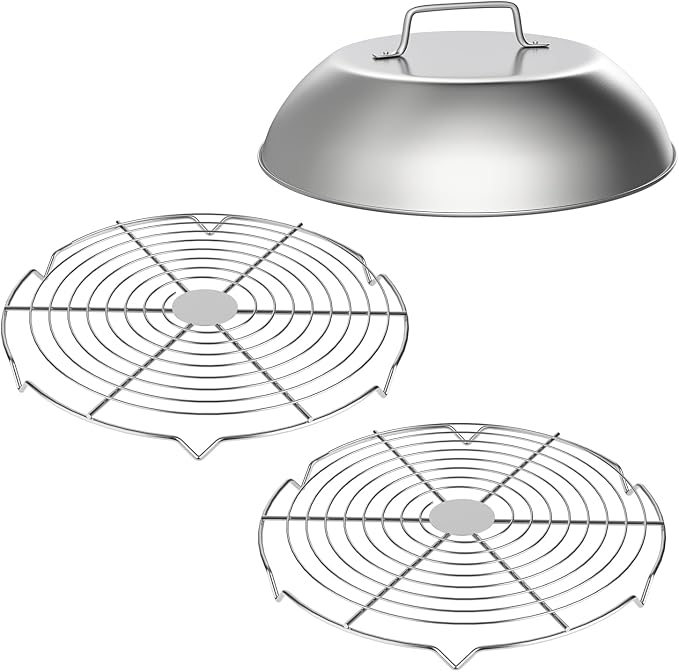 304SS Melting Dome 12" with Wire Rack - Griddle Cover for Flat Top Grills | Fits Blackstone, Camp Chef, Nexgrill. 3-piece set: 1 dome+2 wire rack. Melts cheese fast, steams veggies. Heat-proof handle.