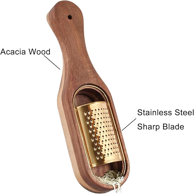 Box Cheese Grater With Container Stainless Steel Parmesan Cheese Grater With Wood Handle Shredder Zester Grater Box Kitchen Handheld Cheese Spoon Grater-Gold Colour (With Handle)