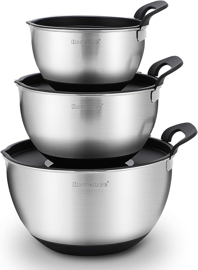 Stainless Steel Mixing Bowls: Stackable Mixing Bowl Set with Lids and Handles Non-slip Silicone Bottom Nesting Bowls for Kitchen Set of 3 - Black