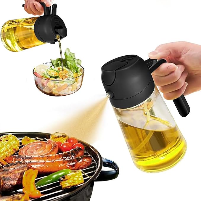 Glass Olive Oil Sprayer for Cooking-TrendPlain 16oz/470ml – 2 in 1 Olive Oil Dispenser Bottle for Kitchen Gadgets and Air Fryer Accessories, Salad, BBQ - Black