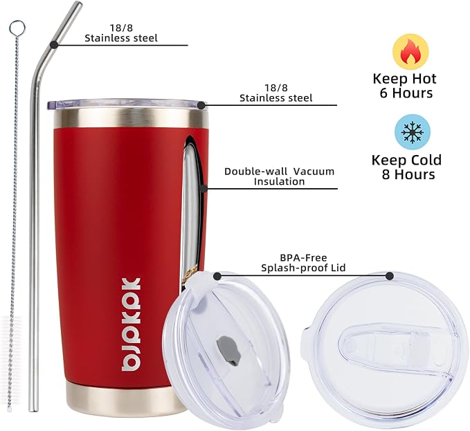 BJPKPK 20 oz Coffee Tumbler with Lid, Straw, Insulated Stainless Steel Mug | Double Wall Vacuum, Keeps Hot/Cold, BPA Free, Leak Proof, Iced Coffee Cup Fit Car Holder, Travel & Beach Ready, Red