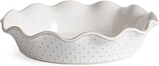 Ceramic Deep Pie Pan for Baking, 11 inch Porcelain Pie Plate for Apple Pie, Oven & Dishwasher Safe, Farmhouse Decor, 48 Ounce Deep Plate for Kitchen, Non-Stick Pie Dish, Embossed Diamond