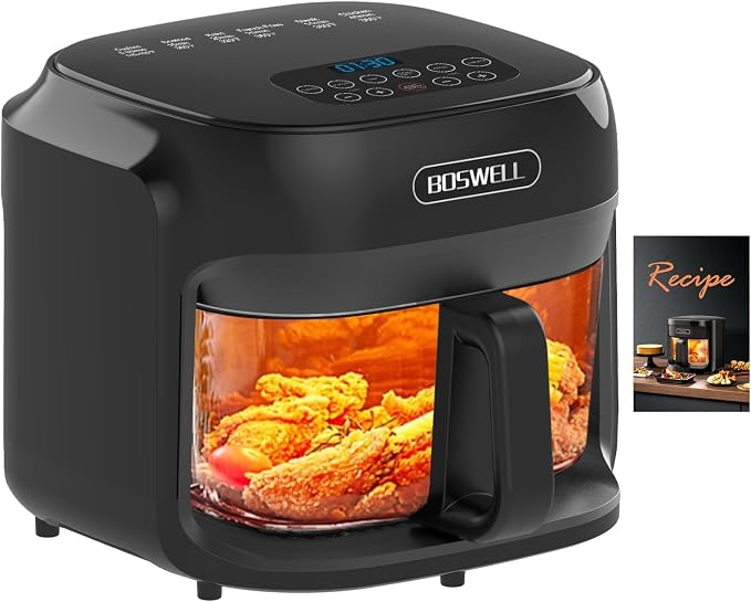 BOSWELL 7.5 QT Large Glass Air Fryer, 6-1 Preset Cook Modes | Transparent Fry Bowl, Black, Circulating Heating & Temperature Control, Steak, Fries, Bake,Chicken, Dishwasher Safe