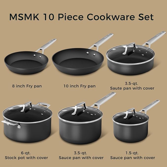 MsMk 10-Piece Nonstick Pots and Pans Set, Induction Cookware Sets | Non Toxic, Even Heating, Easy Clean, Dishwasher & Oven Safe, suitable for gas & electric & induction stoves, Stainless Steel