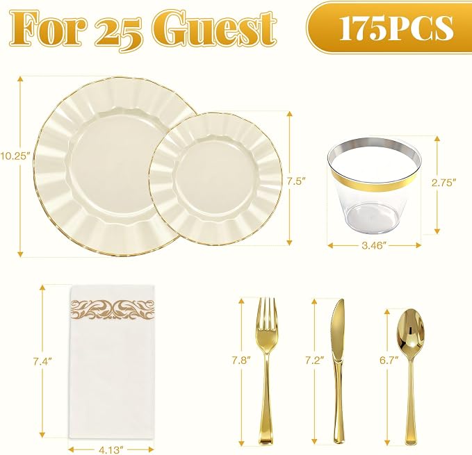 Glowserve 175 Piece Disposable Plastic Plates Dinnerware Set for 25 Guests | 50 Plastic Plates,25 Silverware Set,25 Cups and Napkins,Wedding Birthday,Family Party,Fancy Plastic Plates