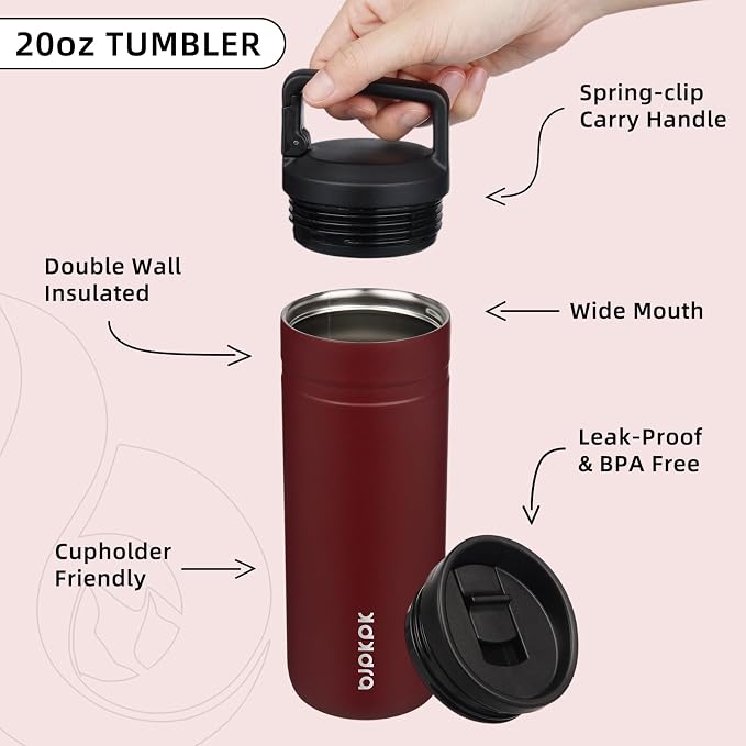BJPKPK 20 oz Insulated Travel Water Bottle, Coffee Tumbler Stainless Steel | Double Wall Vacuum, Leakproof, Thermal, Keeps Hot/Cold, Dishwasher Safe, Spill Proof, Wide Mouth, 2 Lids, Cinnabar Red