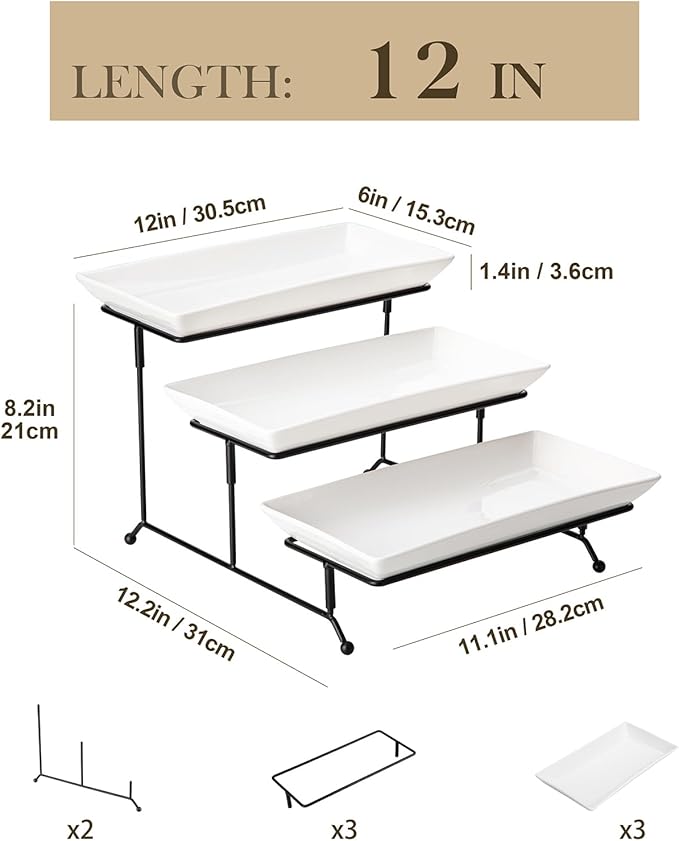 MALACASA 3 Tier Serving Trays for Party, Porcelain Serving Platters and Trays, 12 Inch Tiered Tray Stand, Fruit Tray, Trays for Serving Food, White Dessert Stand with Collapsible Sturdier Metal Rack | Tiered Serving Stand for Party, Fruit Tray, Trays f...