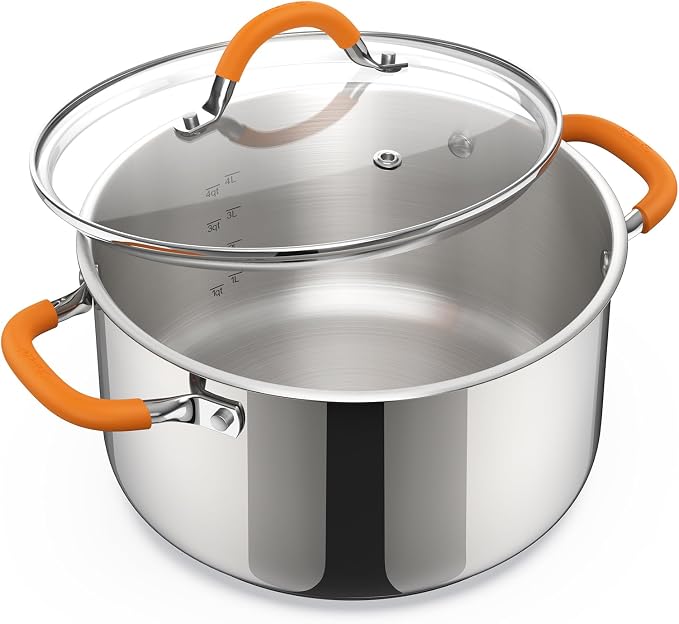 Ciwete Stainless Steel Stock Pot, 5.2 Quart Soup Pot with Lid, Heavy-Duty Thick Bottom Induction Cooking Pot for Pasta, Stew & Simmering, Even Heating, Compatible with All Cooktops, Dishwasher Safe