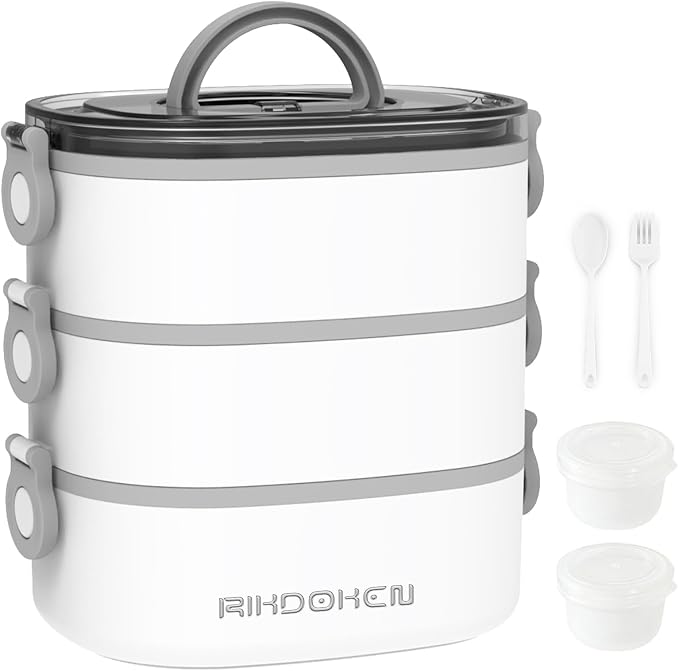 RIKDOKEN Lunch Box, Stackable 3 Layers Containers, Portable 94OZ Large Capacity Leakproof Bento Box with Spoon & Fork & Sauce Boxes, Microwave Safe Lunch Box for Kids and Adults