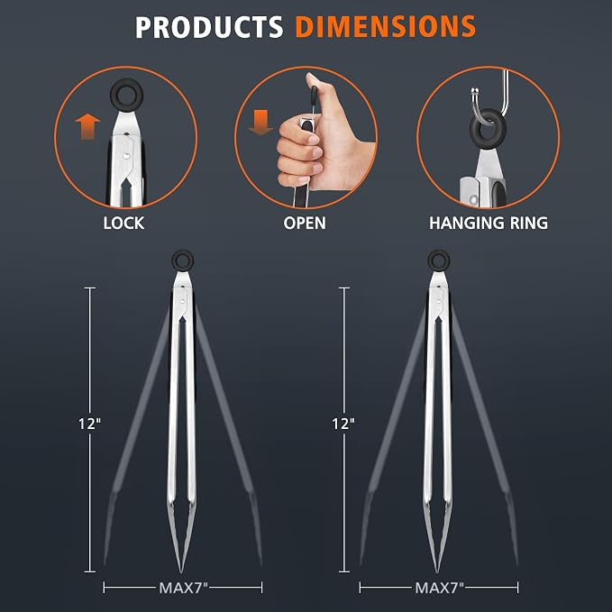 Hotec Stainless Steel Kitchen Tongs, Locking Metal Food Tongs for Cooking, Serving, BBQ, Grill & Air Fryer with Non-Slip Grip, Set of 2-12"