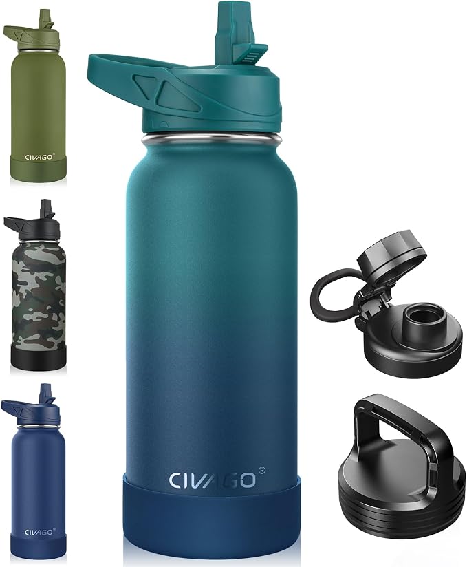 CIVAGO 32 oz Insulated Stainless Steel Water Bottle With Straw and 3 Lids | Large Metal Sports Water Jug, Leakproof Reusable Wide Mouth Thermal Flask Cup with Silicone Boot, BPA-Free, Dark Night