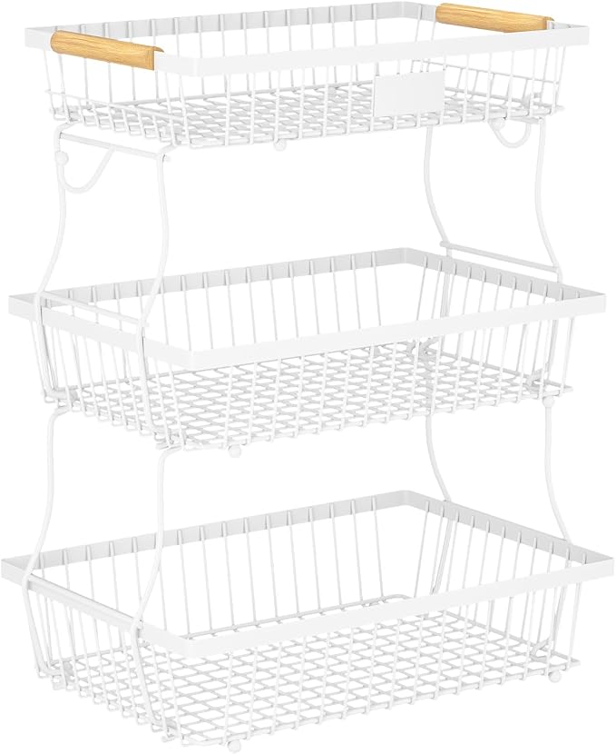 3 Tier Fruit Basket for Kitchen Counter with 2 Banana Hangers, Countertop Metal Fruit Bowl with Wooden Handle, Large Storage Stand for Vegetables, Snacks, Breads, Produce Storage – White
