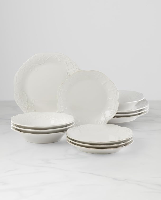 Lenox 890951 French Perle 12-Piece Plate & Bowl Dinnerware Set White | dishwasher safe, microwave safe | includes dinner plates, accent plates, pasta bowls | kitchen and dining essential