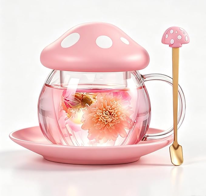 Mushroom Tea Cup Set, Cute Cups Glass Tea Cups with Infuser and Lid, Kawaii Teacup for Loose Leaf Tea Steeper, Coffee Mugs with Saucers, Blooming Tea, Tea Maker Gifts for Women Girls Birthday (Pink)