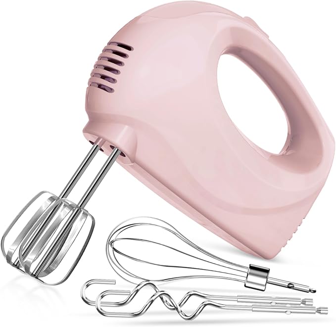 Showvigor Electric Hand Mixer with 5 Stainless Steel Whisks,5 Speed,Pink | Portable Kitchen Mixer Electric Whisk, Food Beater for Whipping Mixing Cookies