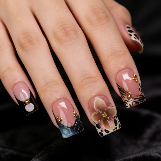Flower Handmade Press on Nails 3D Luxury Brown Floral Design Leopard Print French Tip Fake Nails Muti-Layer Gel Handmade Acrylic Nail Short Square False Nails for Women (M)