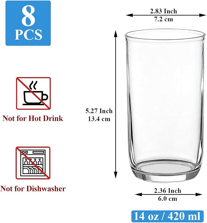 Berglander Highball Glasses Set 8pc, 14 oz Tall PET Clear Plastic Drinking Collins Glasses, Reusable Water Glass Cups, Bar Glassware Tumbler for Beverage, Beer, Juice, Milk, Mojito, Cold Drink