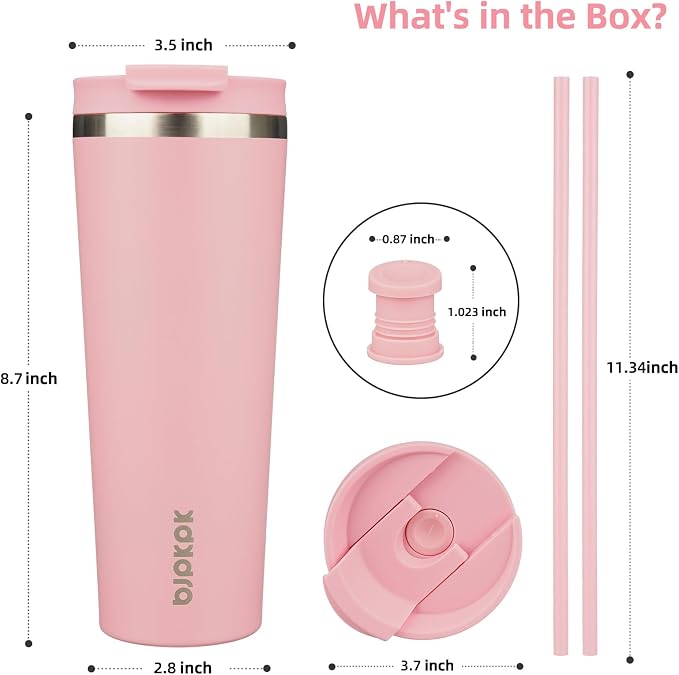 BJPKPK 26 oz Coffee Tumbler with Straw, Insulated Stainless Steel Cup | Double Wall Vacuum, Leak Proof Lid, Keeps Hot/Cold/Iced, BPA Free, Dishwasher Safe, Travel & Outdoor, Light Pink
