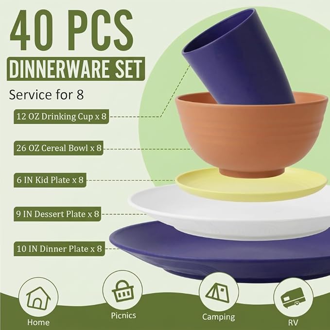 Wheat Straw Dinnerware Sets 40 PCS - Dishes Set for 8 Unbreakable Plates and Bowls Sets with Cups Dishwasher & Microwave Safe Lightweight Dinnerware for Kitchen Camping RV - Mondrian Colors