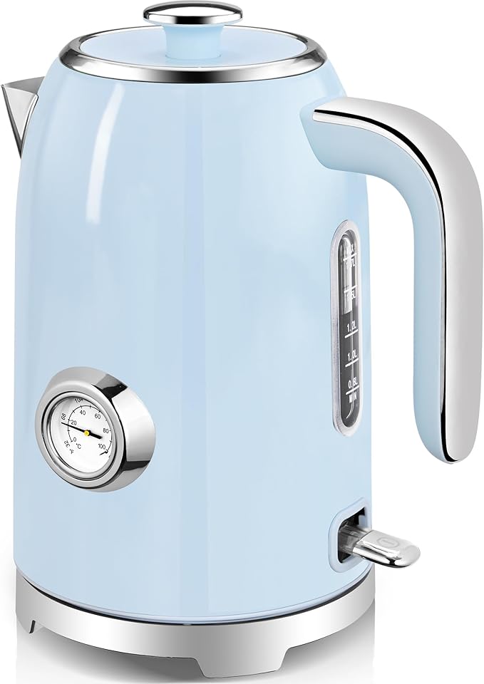 SUSTEAS 57oz Electric Kettle with Thermometer, Hot Water Pot, Blue | Electric Tea Kettle for Boiling Water, 1500W Stainless Steel Pot, Cordless LED Indicator, Auto Shut-Off & Boil Dry Protection