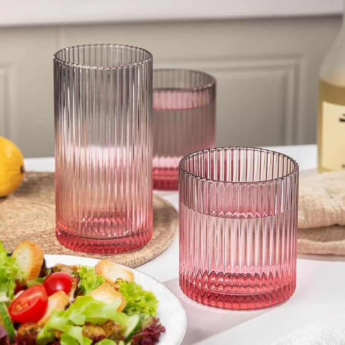 Ribbed Drinking Glasses 8pcs, 12oz and 10oz Glassware, Tumbler Glasses Cup Set for Wedding, Party, Christmas Gift, Grey Pink