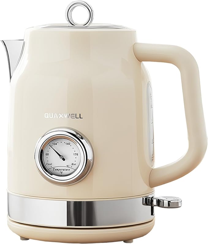 Retro Electric Kettle, 1.7L, 304 Stainless Steel, Beige | Temperature Gauge, 1500W Fast Boiling, Auto Shut-Off & Boil-Dry Protection, BPA-Free,Vintage water kettle, Cream Color