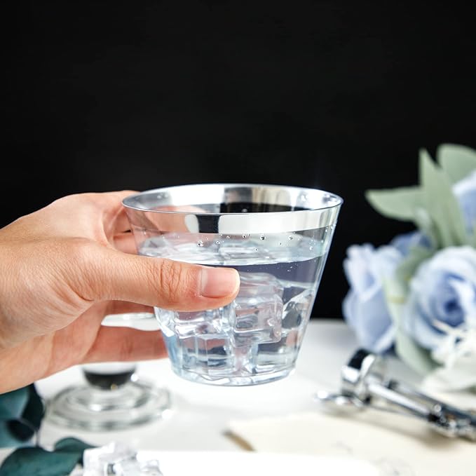IOOOOO 200pcs Silver Disposable Plastic Cups 9 oz Clear Plastic Cups Old Fashioned Tumblers Silver Rim Cup Disposable Party Cup Elegant Silver Wine Glasses Cocktail Cup