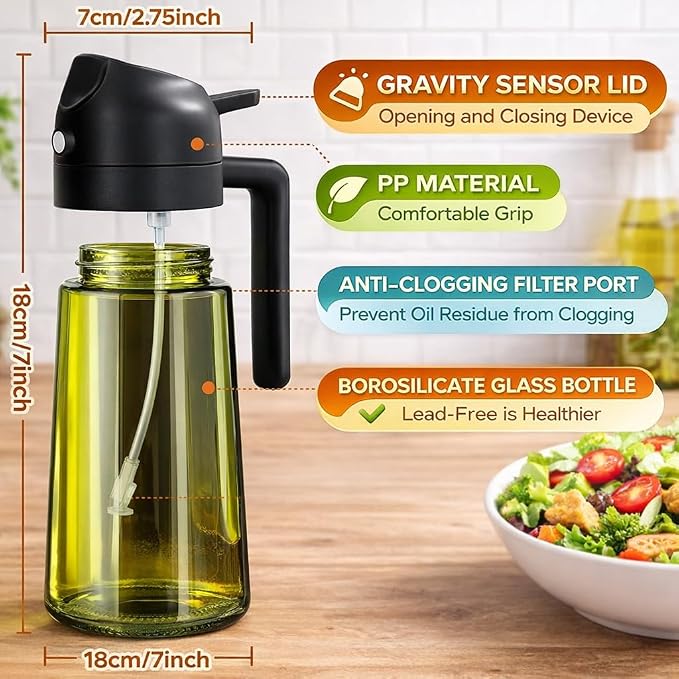 Oil Sprayer for Cooking, 2 in 1, Olive Oil Dispenser Bottle for Kitchen, 16oz/473ml, Premium Dark Green Glass Oil Bottle, Oil Sprayer for Air Fryer, Salad, Frying, BBQ. (Black) (Green)