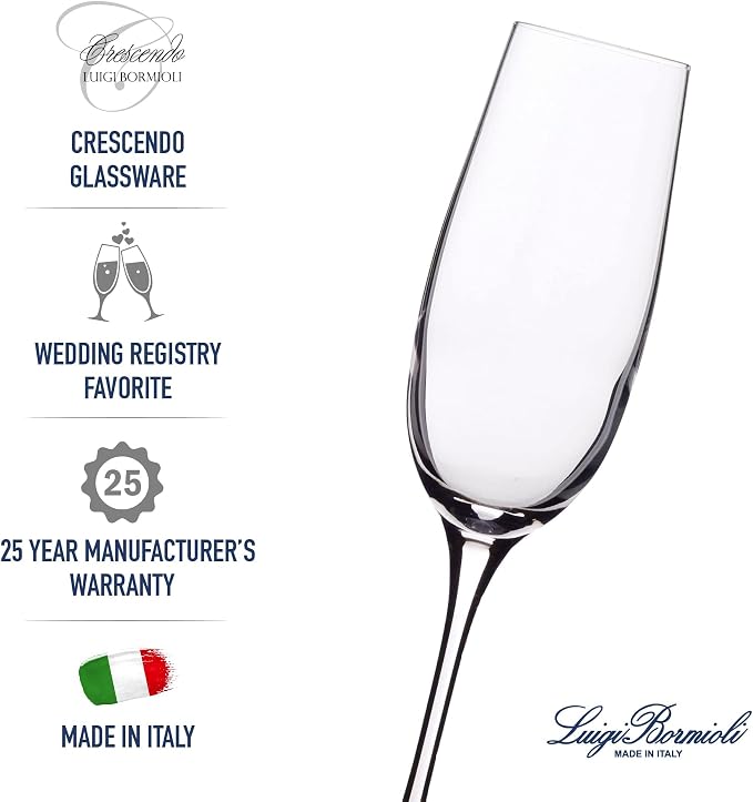 Luigi Bormioli Crescendo Champagne Flutes, 8.25 Oz - Clear, Set of 4 | Lead-Free Crystal Stemware with Elegant Long Stem Design for Champagne, Prosecco, Cava, Sparkling Cocktails, Dishwasher Safe