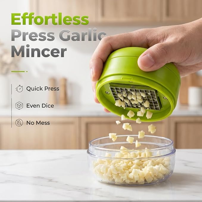 Manual Garlic Masher, Stainless Steel Blade Garlic Mincer Crusher with Peeler and Cleaning Brush, Hand-Press Garlic Chopper Grater for Ginger, Nut, Herb (1PCS)