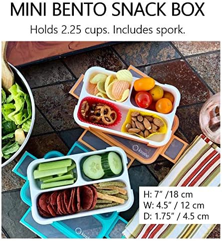 kinsho Small Snack Box Containers Set of 4, (Blue + Navy + Aqua + Orange) | 3 Compartments, Leak-Proof, Spill Proof, BPA-Free Reusable Mini Bento Lunch Box for Kids Toddlers School Travel, Holds 2 Cups