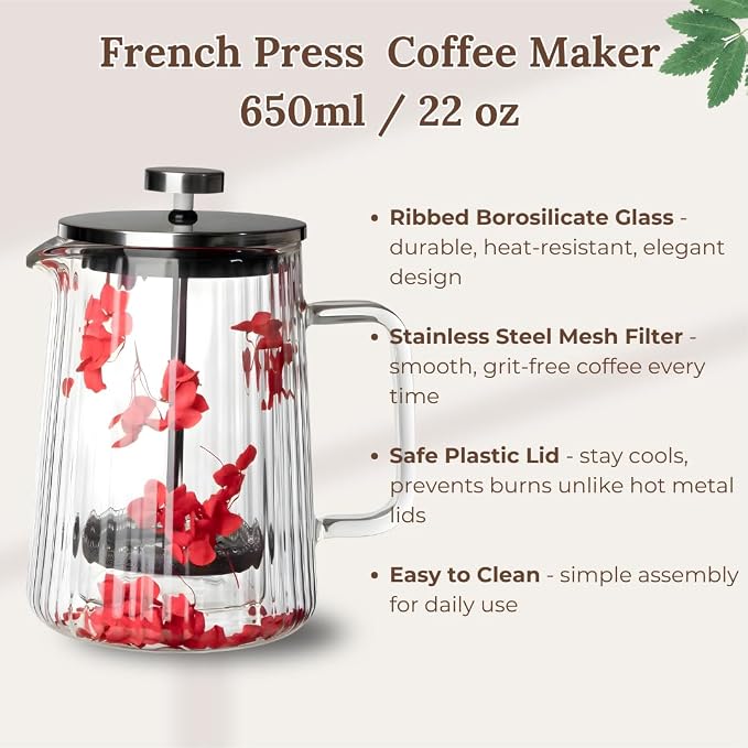 Glass French Press Coffee Maker, Heat Resistant Borosilicate Glass (22oz Red Floral)