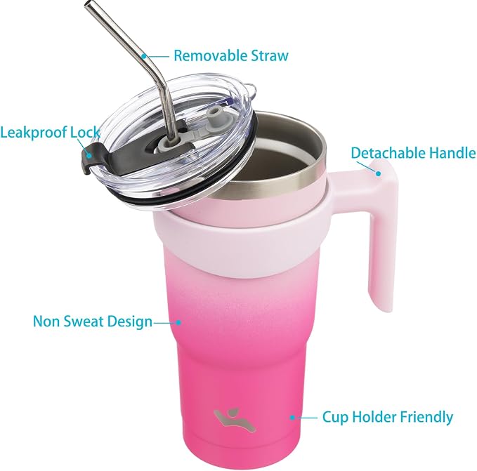 Konokyo 20 oz Tumbler with Handle and Straw, Insulated Travel Mug | Cherry; BPA-free, leak-proof tumbler with 2 lids, 2 straws, cup holder fit for coffee, office, travel & daily use