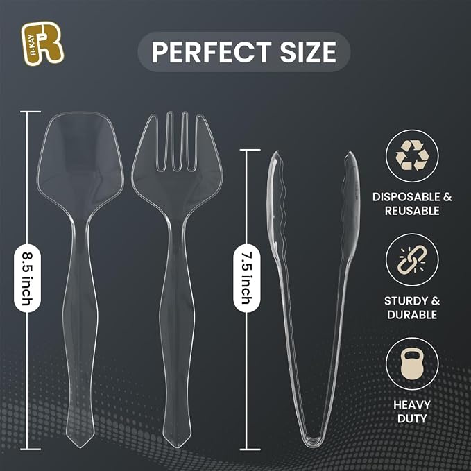 18 Pcs Clear Plastic Serving Utensils Set - 6 Clear Plastic Serving Spoons, 6 Tongs And 6 Forks - Heavy Duty Disposable Serving Utensils Set For Parties