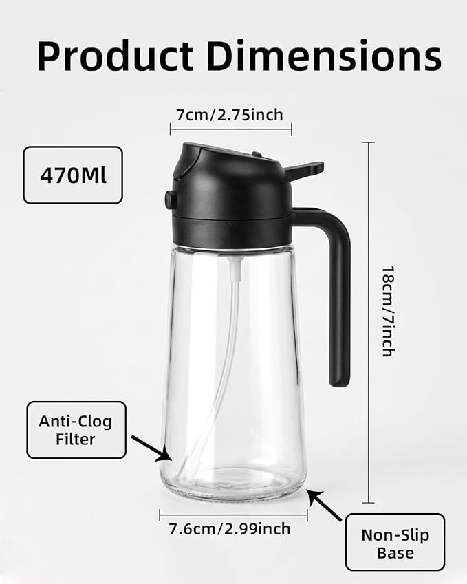 16oz/470ml Oil Sprayer for Cooking, 2 in 1 Oil Dispenser for Kitchen, Olive Oil Sprayer, Food Grade Glass Bottle for Kitchen Gadgets, Air Fryer Accessories, Salad, BBQ (Black)