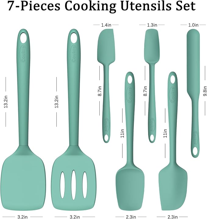 Coukre Silicone Spatula Set of 7, BPA Free Food Grade Silicone Cooking Utensils, Heat Resistant Kitchen Tools for Nonstick Cookware, Dishwasher Safe Spatulas for Cooking and Baking（7,PureAquaGreen）