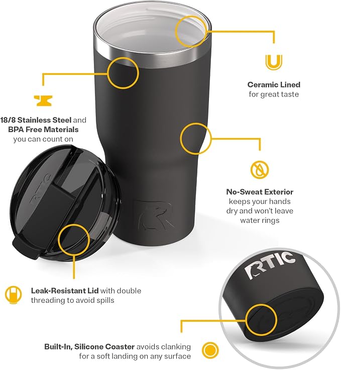 RTIC 30oz Essential Tumbler with Lid, Ceramic Lined, Black | Insulated, Stainless Steel Metal, Portable Travel Cup for Hot and Cold Drinks, Coffee, Car, Camping and Travel
