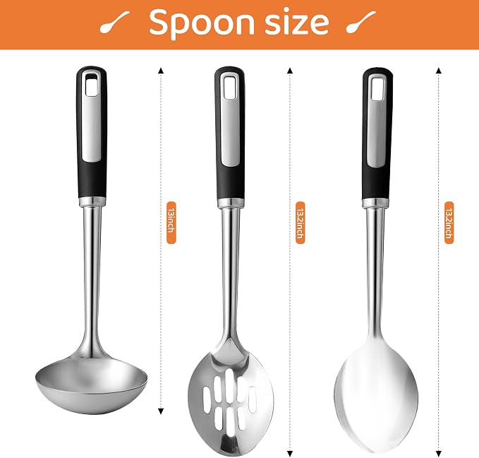 Stainless Steel Serving Spoon Set with Heat-Resistant Handles,3-Piece | Includes a serving spoon, slotted spoon, and deep soup ladle with ergonomic heat-resistant handles for cooking and serving.