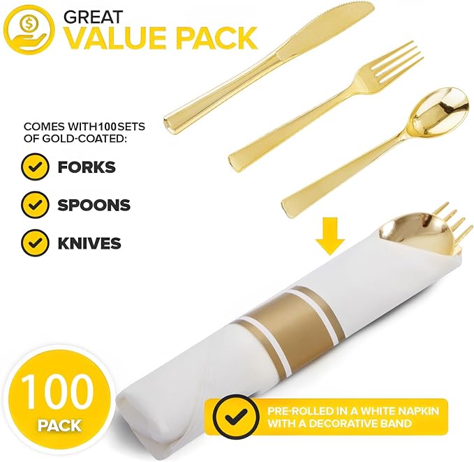 400PCS Pre Rolled Gold Plastic Silverware Set Heavy Duty for Wedding | Wrapped Utensils, Disposable Cutlery, 100 Pack, Durable and Sturdy, BPA free, Includes Napkins, for Party, Event Supplies