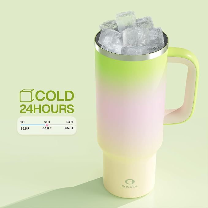 ENCOOL 40 oz Tumbler with Handle and Straw: Stainless Steel Insulated Tumbler Keeps Cold for 24 Hours, Leakproof Travel Cup Fits in Cup Holder and BPA-Free, Morning Dew