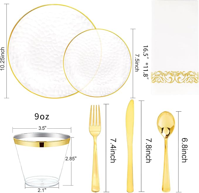 DaYammi 350PCS Clear Gold Plastic Dinnerware Set for 50 Guests, Hammered Disposable Plates for Party, Include: 50 Dinner Plates, 50 Dessert Plates, 150 Gold Silverware, 50 Napkins, 50 Cups