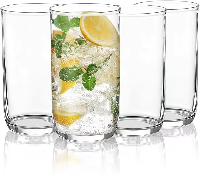 Berglander Highball Glasses Set 4pc, 14 oz Tall PET Clear Plastic Drinking Collins Glasses, Reusable Water Glass Cups, Bar Glassware Tumbler for Beverage, Beer, Juice, Milk, Mojito, Cold Drink