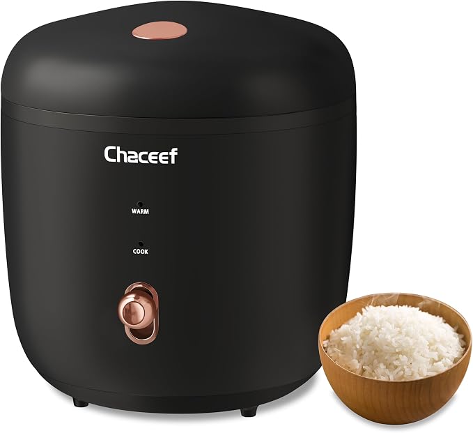 CHACEEF Rice Cooker 2 Cups Uncooked, 1.2L Portable Rice Cooker Small, Black | Non-Stick Pot, Auto Keep Warm, for White & Brown Rice & Oatmeal, Portable for Travel, Dorm & Office, Compact & Easy to Store