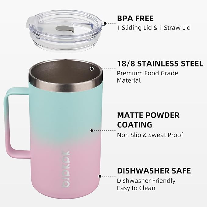 BJPKPK 25oz Insulated Coffee Mug with Handle, Stainless Steel Travel Mug | Keeps Drinks Hot & Cold, Double Wall Vacuum, 2 Lids Included, BPA-Free Coffee Tumbler for Home, Office & Travel